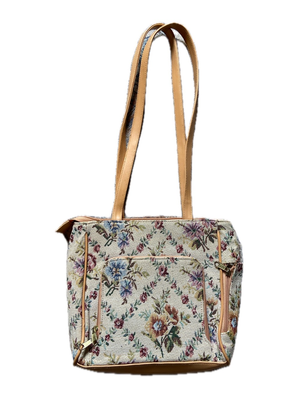 Floral Tapestry Shoulder Bag with Tan Straps